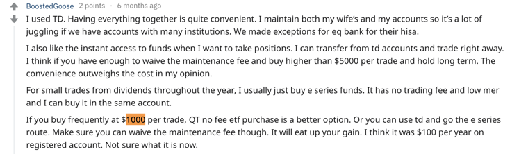 Questrade vs TD Webbroker Reddit Comment #2