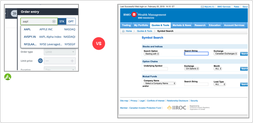 Questrade vs BMO Investorline Search Screenshot