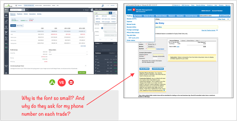 Questrade vs BMO Investorline Trading App Screenshot #1