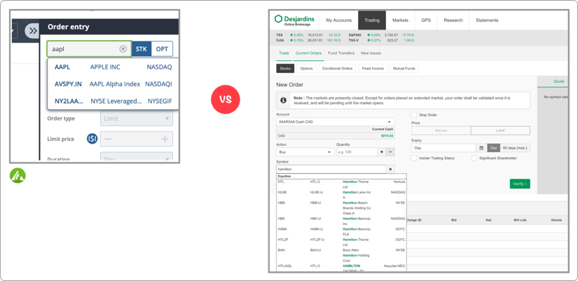 Questrade vs Desjardins Disnat Online Brokerage Screenshot