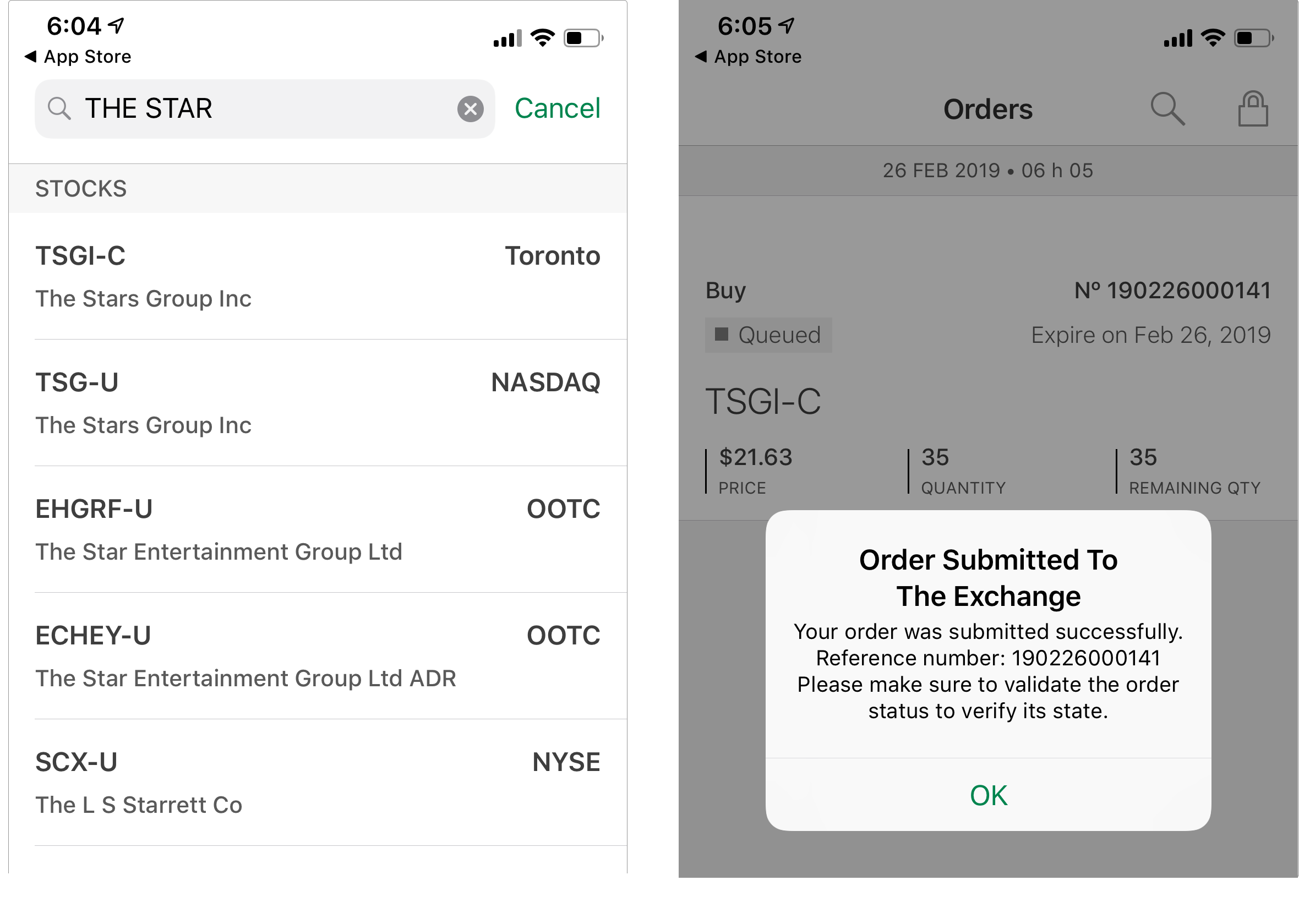 Questrade vs Disnat Mobile App Screenshot