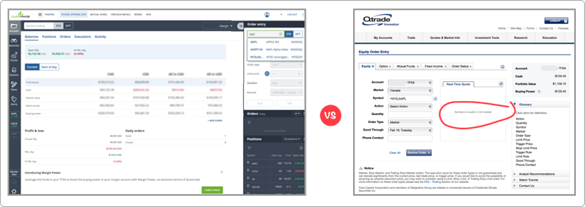 Questrade vs Qtrade Accounts Screenshots Compared