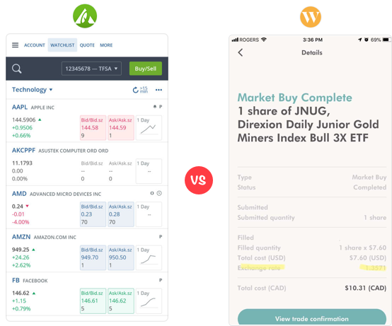 Questrade vs Wealthsimple Trade Screenshot