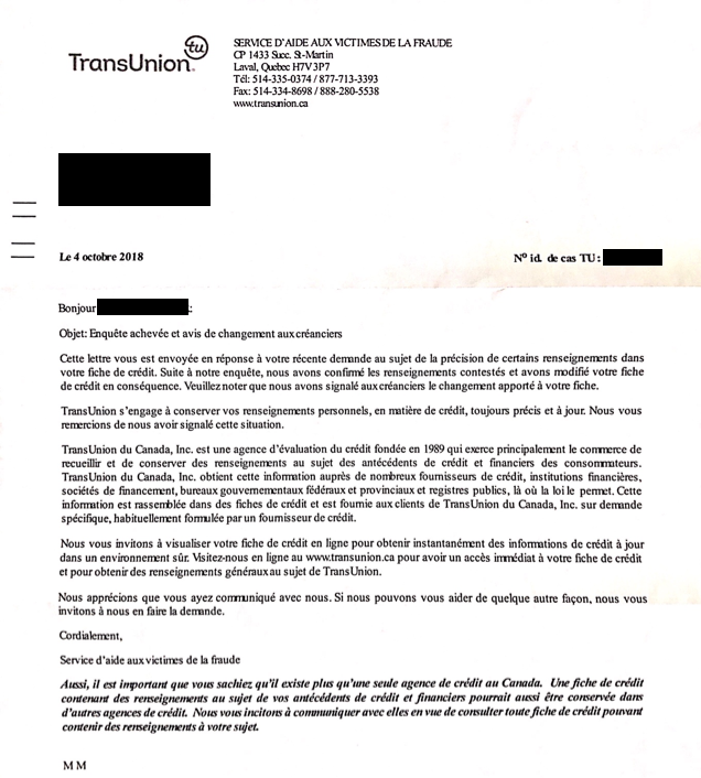 Identity theft transunion confirmation letter